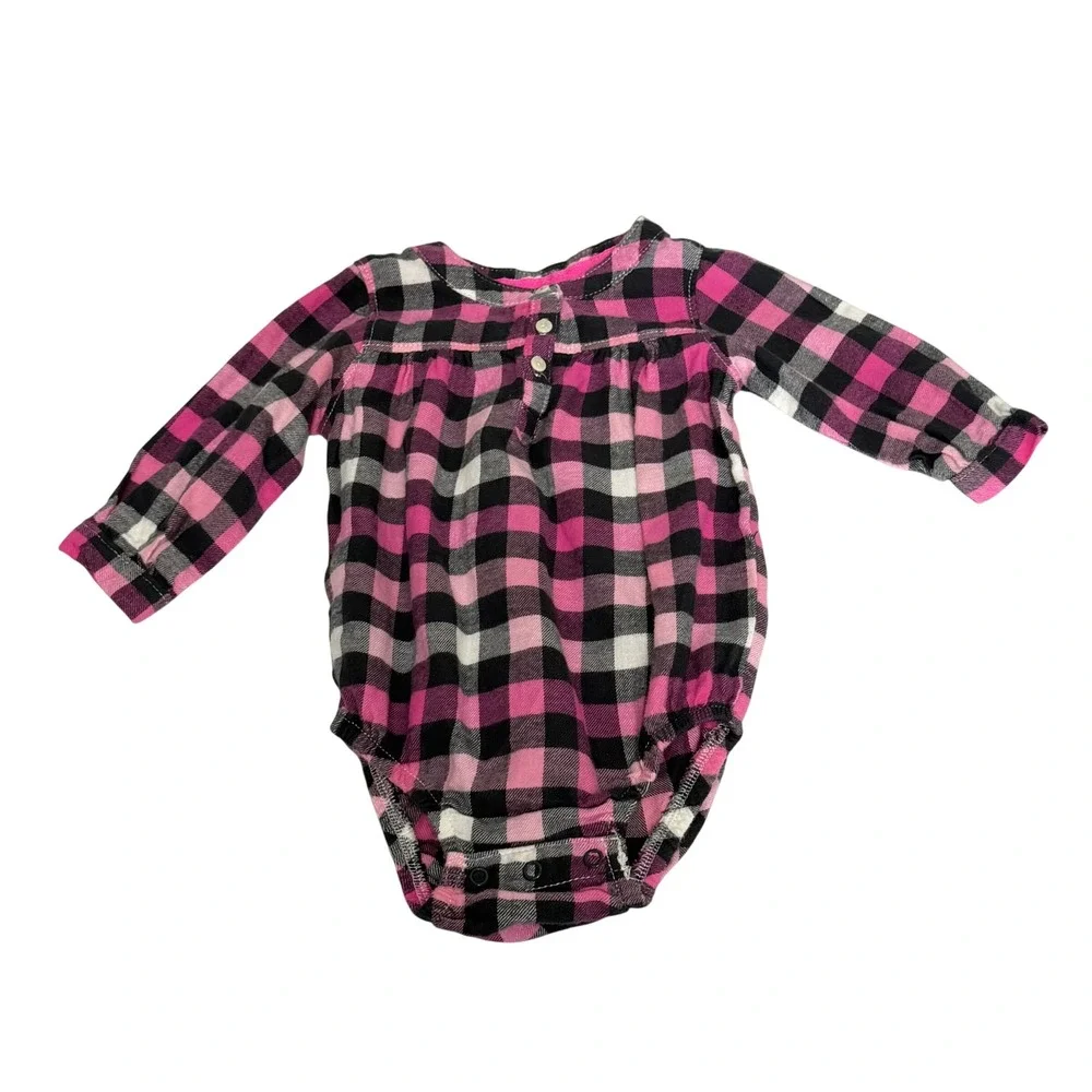 OshKosh Bgosh Baby Girl 6M Pink Black Buffalo Plaid Flannel Bodysuit Long Sleeve